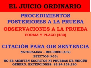 EL JUICIO ORDINARIO
PROCEDIMIENTOS
POSTERIORES A LA PRUEBA
OBSERVACIONES A LA PRUEBA
FORMA Y PLAZO (430)
CITACIÓN PARA OIR SENTENCIA
NATURALEZA – RECURSO (432)
EFECTOS (433)
NO SE ADMITEN ESCRITOS NI PRUEBAS DE NINGÚN
GÉNERO. EXCEPCIONES: 83,84,159,290.
 