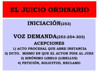 EL JUICIO ORDINARIO
INICIACIÓN(253)
VOZ DEMANDA(253-254-303)
ACEPCIONES
1) ACTO PROCESAL QUE ABRE INSTANCIA
2) DCTO. MISMO EN QUE EL ACTOR PIDE AL JUEZ
3) SINÓNIMO LIBELO (LIBELLUS)
4) PETICIÓN, SOLICITUD, RECLAMO
 