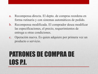 PATRONES DE COMPRA DE
LOS P.I.
a. Recompensa directa. El depto. de compras reordena en
forma rutinaria y con sistemas automáticos de pedido.
b. Recompensa modificada. El comprador desea modificar
las especificaciones, el precio, requerimientos de
entrega u otras condiciones.
c. Operación nueva. Es quien adquiere por primera vez un
producto o servicio.
 