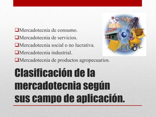 Clasificación de la
mercadotecnia según
sus campo de aplicación.
Mercadotecnia de consumo.
Mercadotecnia de servicios.
Mercadotecnia social o no lucrativa.
Mercadotecnia industrial.
Mercadotecnia de productos agropecuarios.
 