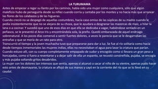 LA TURUMAMA
Antes de empezar a regar su llanto por los caminos, había sido una mujer como cualquiera, sólo que algún
maleficio hubo de perseguirla desde su niñez cuando corría y cantaba por los montes y no hacía más que arrancar
las flores de los calabazos y de las higueras.
Cuando creció no se despegó de aquellas costumbres, hacía caso omiso de las súplicas de su madre cuando le
pedía insistentemente que no se alejara de su choza, que le ayudara a desgranar las mazorcas de maíz, a hilar la
lana o a cocinar. Y sucedió que uno de esos días en que ella se dedicaba a vagar, habiéndose sentado en un
peñasco, se le presentó el Arco Iris y encontrándola sola, la preño. Quedó embarazada de aquel endriago
sobrenatural. A los pocos días comenzó a sentir fuertes dolores, a veces le parecía que se le desgarraban las
entrañas y que se moría de un rato para otro.
Transcurrió el tiempo y la joven muchacha tuvo que prepararse para dar a luz. Se fue al río solitaria como hacía
desde tiempos inmemoriales las mujeres indias, ellas no necesitaban el agua para lavar la criatura que parían.
Cuando estuvo allí, con su cuerpo completamente empapado de sudor y encogido como si llevara un gran peso a
horcajadas, como si fuera a reventarse y a dejar salir de ella un espanto, se recostó constreñida, pujaba, se encogía
y más pujaba soltando gritos desabridos.
La mujer con los dolores tan intensos que sentía, apenas sí alcanzó a sacar al niño de su vientre, apenas pudo hacer
esto antes de desmayarse, la criatura se aflojó de sus manos y cayó en la corriente del río que se lo llevó en su
caudal.
 