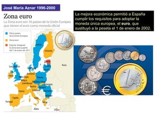 José María Aznar 1996-2000
La mejora económica permitió a España
cumplir los requisitos para adoptar la
moneda única europea, el euro, que
sustituyó a la peseta el 1 de enero de 2002.
 