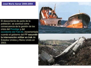 El descontento de parte de la
población, se acentuó como
consecuencia de la gestión de las
crisis del Prestige y del
accidente del Yak-42, incrementado
cuando el gobierno del PP secundó
la intervención militar en Irak de
Estados Unidos y Reino Unido en
2003.
José María Aznar 2000-2004
 