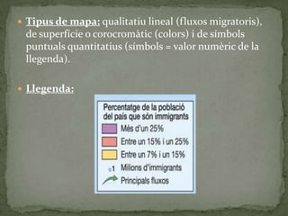  Tipus de mapa: qualitatiu lineal (fluxos migratoris),
de superfície o corocromàtic (colors) i de símbols
puntuals quantitatius (símbols = valor numèric de la
llegenda).
 Llegenda:
 