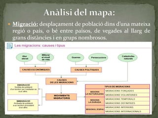  Migració: desplaçament de població dins d’una mateixa
regió o país, o bé entre països, de vegades al llarg de
grans distàncies i en grups nombrosos.
 