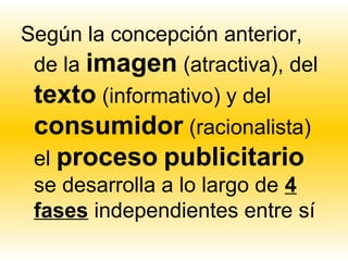 Según la concepción anterior,
 de la imagen (atractiva), del
 texto (informativo) y del
 consumidor (racionalista)
 el proceso publicitario
 se desarrolla a lo largo de 4
 fases independientes entre sí
 