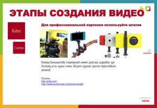 21
ЭТАПЫ СОЗДАНИЯ ВИДЕО
Видео
Для профессиональной картинки используйте штатив
Ссылки:
http://joby.com
http://www.studioneat.com/products/glif
Камеры большинства смартфонов имеют ужасный цифровой зум.
Поэтому если нужно снять объект крупнее просто переставьте
штатив.
Съемка
 
