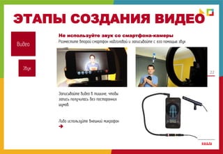 22
ЭТАПЫ СОЗДАНИЯ ВИДЕО
Видео
Не используйте звук со смартфона-камеры
Разместите второй смартфон надголовой и записывайте с его помощью звук
Записывайте видео в тишине, чтобы
запись получилась без посторонних
шумов.
Либо используйте внешний микрофон

Звук
 