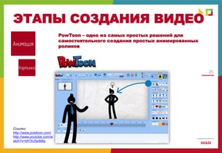 25
ЭТАПЫ СОЗДАНИЯ ВИДЕО
Анимация
Картинка
Ссылки:
http://www.powtoon.com/
http://www.youtube.com/w
atch?v=ldY3USp8I8g
PowToon – одно из самых простых решений для
самостоятельного создания простых анимированных
роликов
 