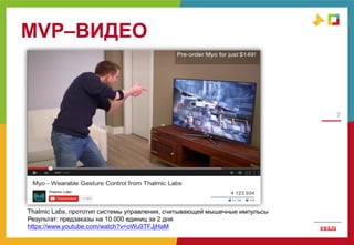 MVP–ВИДЕО
7
MVP
Thalmic Labs, прототип системы управления, считывающей мышечные импульсы
Результат: предзаказы на 10 000 единиц за 2 дня
https://www.youtube.com/watch?v=oWu9TFJjHaM
 