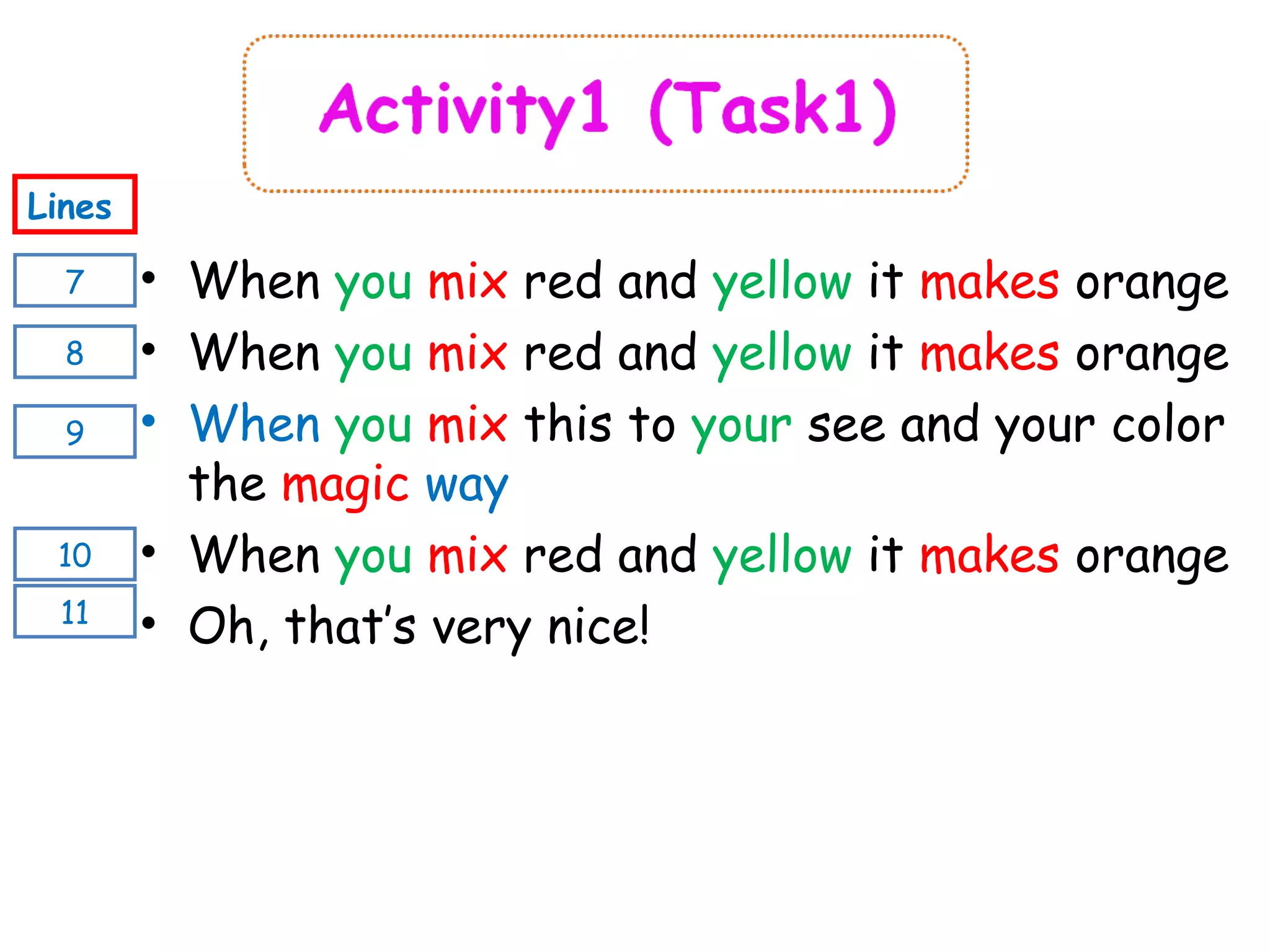 7
Lines
8
10
9
11
• When you mix red and yellow it makes orange
• When you mix red and yellow it makes orange
• When you mix this to your see and your color
the magic way
• When you mix red and yellow it makes orange
• Oh, that’s very nice!
 