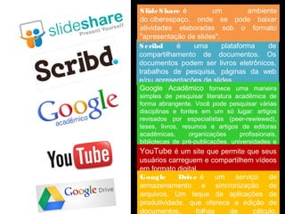 SlideShare é um ambiente 
do ciberespaço, onde se pode baixar 
atividades elaboradas sob o formato 
"apresentação de slides". 
Scribd é uma plataforma de 
compartilhamento de documentos. Os 
documentos podem ser livros eletrônicos, 
trabalhos de pesquisa, páginas da web 
e/ou apresentações de slides. 
Google Acadêmico fornece uma maneira 
simples de pesquisar literatura acadêmica de 
forma abrangente. Você pode pesquisar várias 
disciplinas e fontes em um só lugar: artigos 
revisados por especialistas (peer-rewiewed), 
teses, livros, resumos e artigos de editoras 
acadêmicas, organizações profissionais, 
bibliotecas de pré-publicações, universidades e 
outras entidades acadêmicas. 
YouTube é um site que permite que seus 
usuários carreguem e compartilhem vídeos 
em formato digital. 
Google Drive é um serviço de 
armazenamento e sincronização de 
arquivos. Um leque de aplicações de 
produtividade, que oferece a edição de 
documentos, folhas de cálculo, 
 