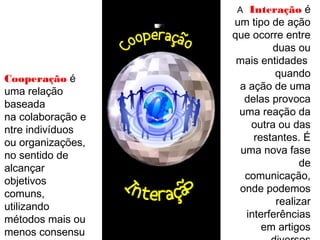Cooperação é 
uma relação 
baseada 
na colaboração e 
ntre indivíduos 
ou organizações, 
no sentido de 
alcançar 
objetivos 
comuns, 
utilizando 
métodos mais ou 
menos consensu 
ais. 
A Interação é 
um tipo de ação 
que ocorre entre 
duas ou 
mais entidades 
quando 
a ação de uma 
delas provoca 
uma reação da 
outra ou das 
restantes. É 
uma nova fase 
de 
comunicação, 
onde podemos 
realizar 
interferências 
em artigos 
diversos 
 