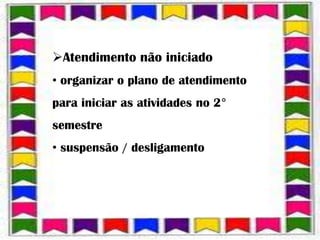 Atendimento não iniciado
• organizar o plano de atendimento
para iniciar as atividades no 2°
semestre
• suspensão / desligamento
 