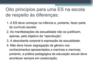 1. A ES deve começar na infância e, portanto, fazer parte
do currículo escolar.
2. As manifestações da sexualidade não se justificam,
apenas, pelo objetivo da “reprodução”.
3. A descoberta corporal é expressão da sexualidade.
4. Não deve haver segregação de gênero nos
conhecimentos apresentados a meninas e meninas;
portanto, a prática pedagógica da educação sexual deve
acontecer sempre em coeducação.
Oito princípios para uma ES na escola
de respeito às diferenças:
 
