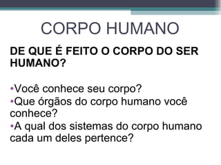 CORPO HUMANO
DE QUE É FEITO O CORPO DO SER
HUMANO?
•Você conhece seu corpo?
•Que órgãos do corpo humano você
conhece?
•A qual dos sistemas do corpo humano
cada um deles pertence?
 