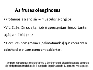 As frutas oleaginosas
•Proteínas essenciais – músculos e órgãos

•Vit. E, Se, Zn que também apresentam importante
ação antioxidante.

• Gorduras boas (mono e polinsaturadas) que reduzem o
colesterol e atuam como antioxidantes.


Também há estudos relacionando o consumo de oleaginosas ao controle
do diabetes (sensibilidade à ação da insulina) e da Síndrome Metabólica.
 