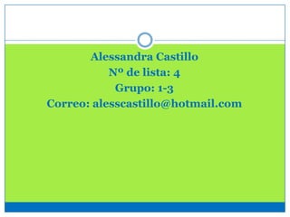 Alessandra Castillo
Nº de lista: 4
Grupo: 1-3
Correo: alesscastillo@hotmail.com
 