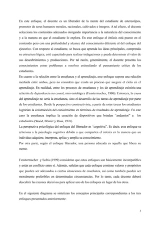 En este enfoque, el docente es un liberador de la mente del estudiante de estereotipos,
promotor de seres humanos morales, racionales, cultivados e íntegros. A tal efecto, el docente
selecciona los contenidos adecuados otorgando importancia a la naturaleza del conocimiento
y a la manera en que el estudiante lo explora. En este enfoque el énfasis está puesto en el
contenido pero con una profundidad y alcance del conocimiento diferente al del enfoque del
ejecutivo. Con respecto al estudiante, se busca que aprenda las ideas principales, comprenda
su estructura lógica, esté capacitado para realizar indagaciones y pueda determinar el valor de
sus descubrimientos y producciones. Por tal razón, generalmente, el docente presenta los
conocimientos como problemas a resolver estimulando el pensamiento crítico de los
estudiantes.
En cuanto a la relación entre la enseñanza y el aprendizaje, este enfoque supone una relación
mediada entre ambos, pero no considera que exista un proceso que asegure el éxito en el
aprendizaje. En realidad, entre los procesos de enseñanza y los de aprendizaje existiría una
relación de dependencia no causal, sino ontológica (Fenstermacher, 1986). Entonces, la causa
del aprendizaje no sería la enseñanza, sino el desarrollo de las tareas de aprendizaje por parte
de los estudiantes. Desde la perspectiva constructivista, a partir de estas tareas los estudiantes
lograrían la construcción del conocimiento en términos de resultados de aprendizaje. En este
caso la enseñanza implica la creación de dispositivos que brinden “andamios” a los
estudiantes (Wood, Bruner y Ross, 1976).
La perspectiva psicológica del enfoque del liberador es “cognitiva”. Es decir, este enfoque se
relaciona a la psicología cognitiva debido a que comparten el interés en la manera que un
individuo adquiere, interpreta, aplica y amplía su conocimiento.
Por otra parte, según el enfoque liberador, una persona educada es aquella que libera su
mente.
Fenstermacher y Soltis (1999) consideran que estos enfoques son básicamente incompatibles
y están en conflicto entre sí. Además, señalan que cada enfoque contiene valores y propósitos
que pueden ser adecuados a ciertas situaciones de enseñanza, así como también pueden ser
moralmente preferibles en determinadas circunstancias. Por lo tanto, cada docente deberá
descubrir las razones decisivas para aplicar uno de los enfoques en lugar de los otros.
En el siguiente diagrama se sintetizan los conceptos principales correspondientes a los tres
enfoques presentados anteriormente:
3
 