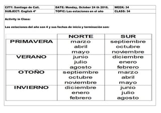 CITY: Santiago de Cali. DATE: Monday, October 24 th 2016. WEEK: 34
SUBJECT: English 4º TOPIC: Las estaciones en el año CLASS: 34
Activity in Class:
Las estaciones del año son 4 y sus fechas de inicio y terminación son:
 