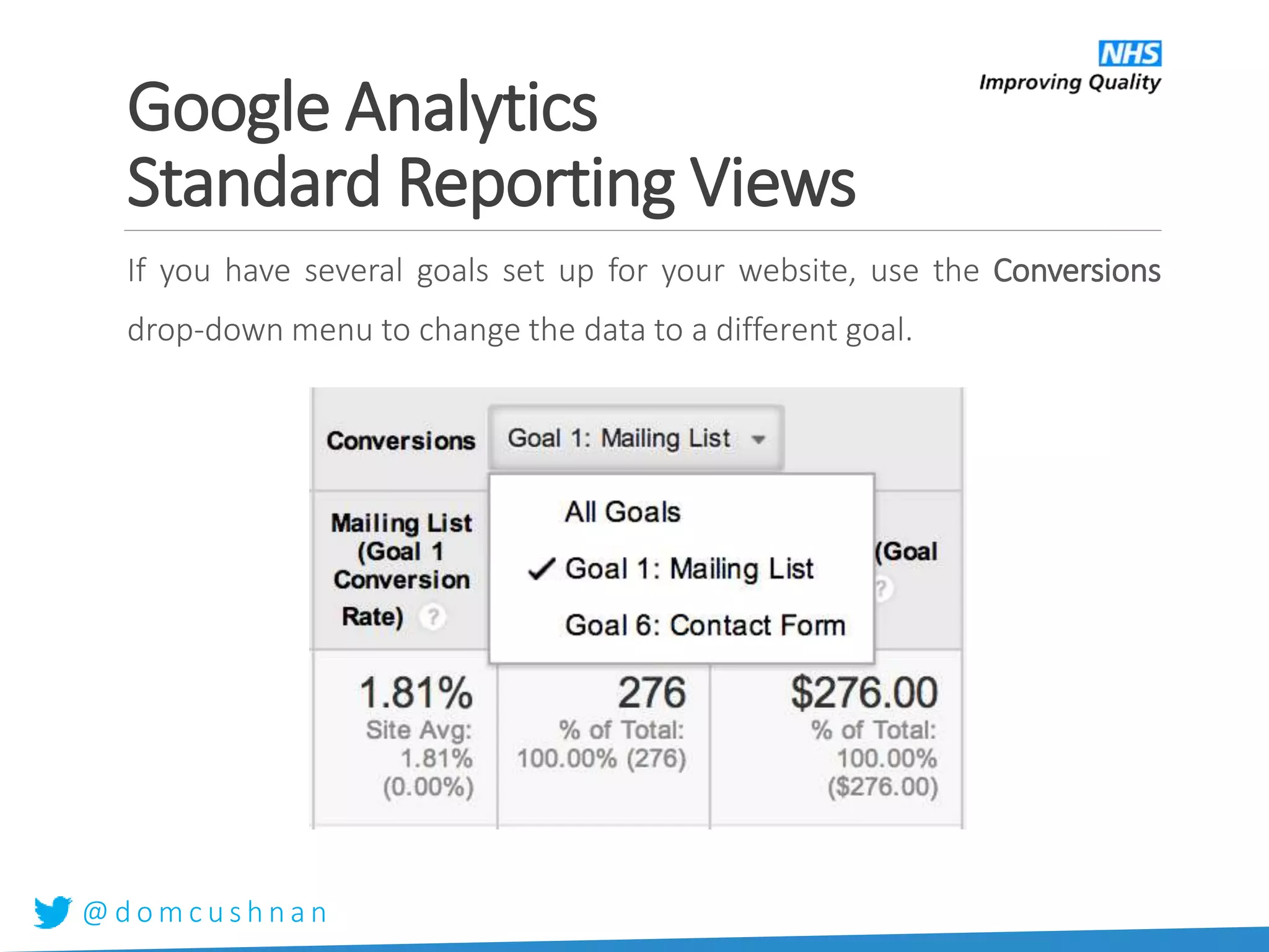 @ d o m c u s h n a n
If you have several goals set up for your website, use the Conversions
drop-down menu to change the data to a different goal.
Google Analytics
Standard Reporting Views
 