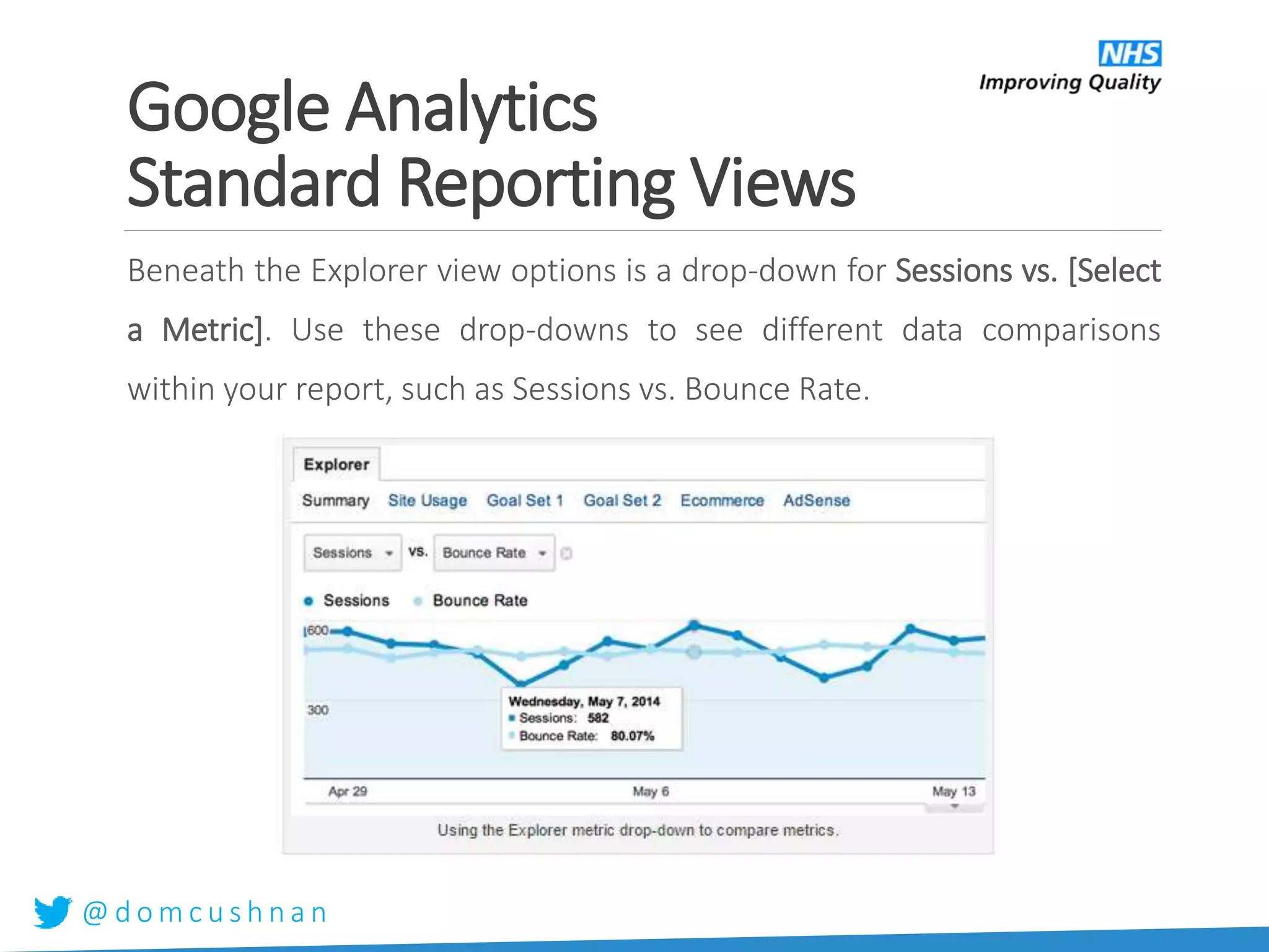 @ d o m c u s h n a n
Beneath the Explorer view options is a drop-down for Sessions vs. [Select
a Metric]. Use these drop-downs to see different data comparisons
within your report, such as Sessions vs. Bounce Rate.
Google Analytics
Standard Reporting Views
 