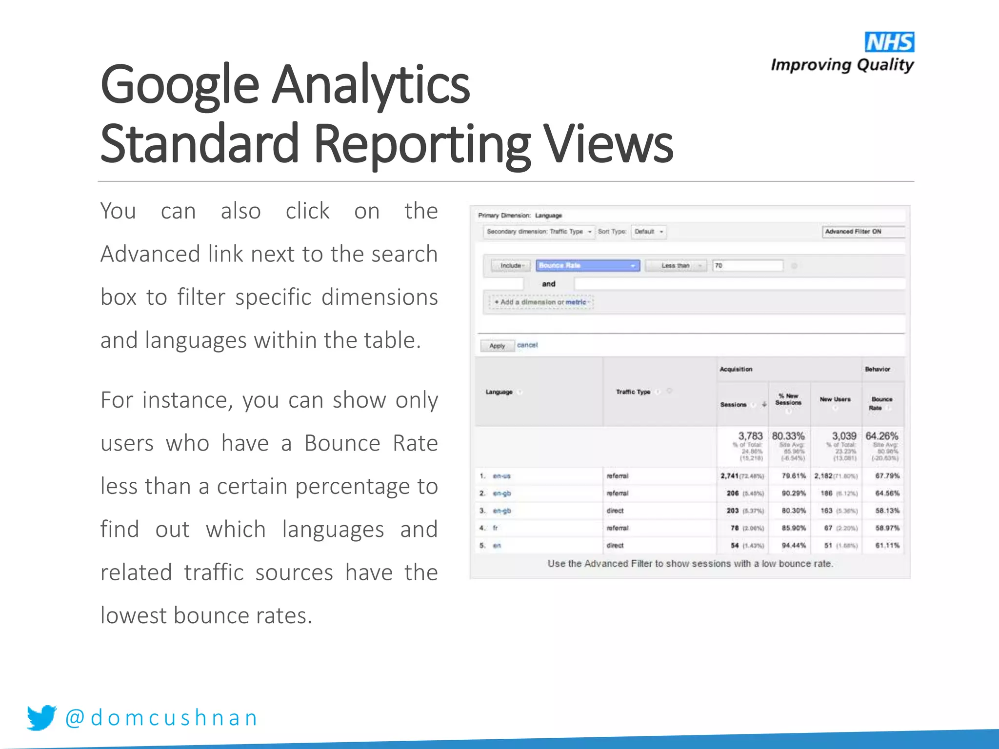 @ d o m c u s h n a n
You can also click on the
Advanced link next to the search
box to filter specific dimensions
and languages within the table.
For instance, you can show only
users who have a Bounce Rate
less than a certain percentage to
find out which languages and
related traffic sources have the
lowest bounce rates.
Google Analytics
Standard Reporting Views
 