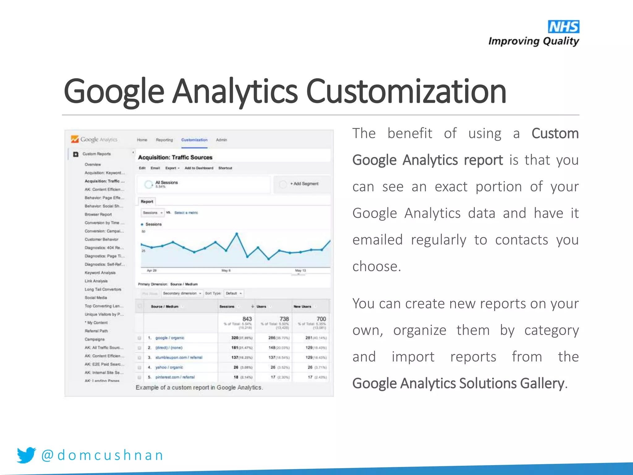 @ d o m c u s h n a n
Google Analytics Customization
The benefit of using a Custom
Google Analytics report is that you
can see an exact portion of your
Google Analytics data and have it
emailed regularly to contacts you
choose.
You can create new reports on your
own, organize them by category
and import reports from the
Google Analytics Solutions Gallery.
 