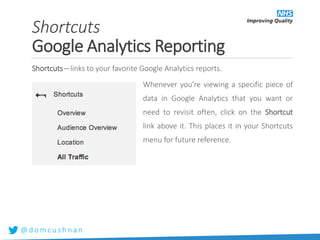 @ d o m c u s h n a n
Shortcuts—links to your favorite Google Analytics reports.
Whenever you’re viewing a specific piece of
data in Google Analytics that you want or
need to revisit often, click on the Shortcut
link above it. This places it in your Shortcuts
menu for future reference.
Shortcuts
Google Analytics Reporting
 