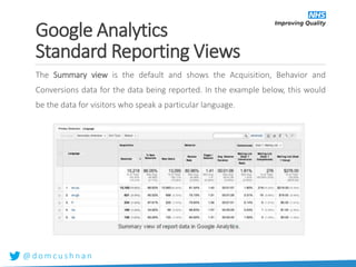 @ d o m c u s h n a n
The Summary view is the default and shows the Acquisition, Behavior and
Conversions data for the data being reported. In the example below, this would
be the data for visitors who speak a particular language.
Google Analytics
Standard Reporting Views
 