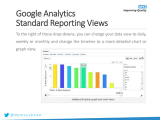 @ d o m c u s h n a n
To the right of these drop-downs, you can change your data view to daily,
weekly or monthly and change the timeline to a more detailed chart or
graph view.
Google Analytics
Standard Reporting Views
 