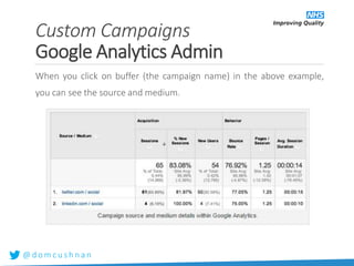 @ d o m c u s h n a n
When you click on buffer (the campaign name) in the above example,
you can see the source and medium.
Custom Campaigns
Google Analytics Admin
 