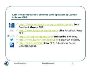 Additional resources created and updated by Zaveri
to learn ERP:


      https://www.facebook.com/groups/discuss.erp Join
      Facebook Group ERP.
      http://www.facebook.com/dnserp Like Facebook Page
      ERP.
      http://dnserp.wordpress.com Subscribe ERP Blog.
      http://www.twitter.com/followERP Follow on Twitter.
      http://linkd.in/lFj98r Join ERP, E-business Forum
      LinkedIn Group.




 www.dnserp.com         Digital Marketing        21
 