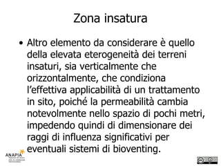 Zona insatura Altro elemento da considerare è quello della elevata eterogeneità dei terreni insaturi, sia verticalmente che orizzontalmente, che condiziona l’effettiva applicabilità di un trattamento in sito, poiché la permeabilità cambia notevolmente nello spazio di pochi metri, impedendo quindi di dimensionare dei raggi di influenza significativi per eventuali sistemi di bioventing.  
