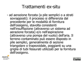 Trattamenti ex-situ - ad aerazione forzata (a pile semplici o a strati sovrapposti): il processo si differenzia dal precedente per le modalità di fornitura dell'ossigeno, stavolta consistenti nell'insufflazione (attraverso un sistema ad aerazione forzata) e/o nell'aspirazione (attraverso una pompa del vuoto) dell'aria. Il terreno contaminato può essere disposto in pile semplici, generalmente di sezione triangolare o trapezoidale, poggianti su una griglia di tubi fessurati utilizzati per la fornitura dell'ossigeno. 
