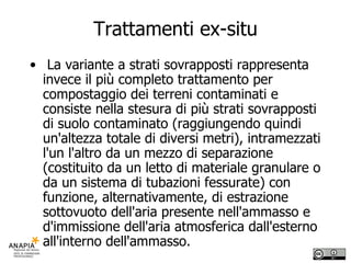 Trattamenti ex-situ La variante a strati sovrapposti rappresenta invece il più completo trattamento per compostaggio dei terreni contaminati e consiste nella stesura di più strati sovrapposti di suolo contaminato (raggiungendo quindi un'altezza totale di diversi metri), intramezzati l'un l'altro da un mezzo di separazione (costituito da un letto di materiale granulare o da un sistema di tubazioni fessurate) con funzione, alternativamente, di estrazione sottovuoto dell'aria presente nell'ammasso e d'immissione dell'aria atmosferica dall'esterno all'interno dell'ammasso.  