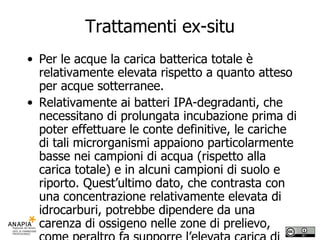 Trattamenti ex-situ Per le acque la carica batterica totale è relativamente elevata rispetto a quanto atteso per acque sotterranee. Relativamente ai batteri IPA-degradanti, che necessitano di prolungata incubazione prima di poter effettuare le conte definitive, le cariche di tali microrganismi appaiono particolarmente basse nei campioni di acqua (rispetto alla carica totale) e in alcuni campioni di suolo e riporto. Quest’ultimo dato, che contrasta con una concentrazione relativamente elevata di idrocarburi, potrebbe dipendere da una carenza di ossigeno nelle zone di prelievo, come peraltro fa supporre l’elevata carica di batteri anaerobi.  