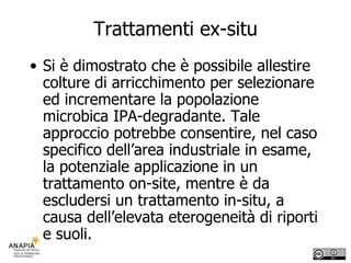Trattamenti ex-situ Si è dimostrato che è possibile allestire colture di arricchimento per selezionare ed incrementare la popolazione microbica IPA-degradante. Tale approccio potrebbe consentire, nel caso specifico dell’area industriale in esame, la potenziale applicazione in un trattamento on-site, mentre è da escludersi un trattamento in-situ, a causa dell’elevata eterogeneità di riporti e suoli. 