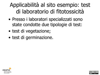 Applicabilità al sito esempio: test di laboratorio di fitotossicità Presso i laboratori specializzati sono state condotte due tipologie di test:  test di vegetazione; test di germinazione. 