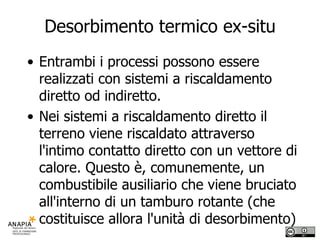 Desorbimento termico ex-situ Entrambi i processi possono essere realizzati con sistemi a riscaldamento diretto od indiretto. Nei sistemi a riscaldamento diretto il terreno viene riscaldato attraverso l'intimo contatto diretto con un vettore di calore. Questo è, comunemente, un combustibile ausiliario che viene bruciato all'interno di un tamburo rotante (che costituisce allora l'unità di desorbimento)  