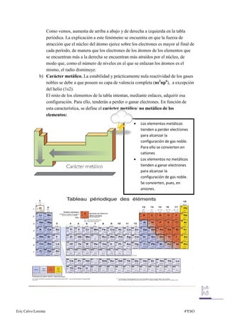 Como vemos, aumenta de arriba a abajo y de derecha a izquierda en la tabla
                 periódica. La explicación a este fenómeno se encuentra en que la fuerza de
                 atracción que el núcleo del átomo ejerce sobre los electrones es mayor al final de
                 cada período, de manera que los electrones de los átomos de los elementos que
                 se encuentran más a la derecha se encuentran más atraídos por el núcleo, de
                 modo que, como el número de niveles en el que se enlazan los átomos es el
                 mismo, el radio disminuye.
              b) Carácter metálico. La estabilidad y prácticamente nula reactividad de los gases
                 nobles se debe a que poseen su capa de valencia completa (ns2np6), a excepción
                 del helio (1s2).
                 El resto de los elementos de la tabla intentan, mediante enlaces, adquirir esa
                 configuración. Para ello, tenderán a perder o ganar electrones. En función de
                 esta característica, se define el carácter metálico/ no metálico de los
                 elementos:




Eric Calvo Lorente                                                                           4ºESO
 