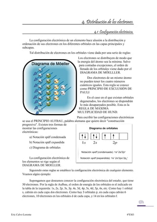 La configuración electrónica de un elemento hace alusión a la distribución y
          ordenación de sus electrones en los diferentes orbitales en las capas principales y
          subcapas.
                Tal distribución de electrones en los orbitales viene dada por una serie de reglas:
                                                        Los electrones se distribuyen de modo que
                                                       la energía del átomo sea la mínima. Salvo
                                                        para contadas excepciones, el orden de
                                                         llenado de los orbitales viene dado por el
                                                         DIAGRAMA DE MÖELLLER.
                                                              Dos electrones de un mismo átomo
                                                         no pueden tener los cuatro números
                                                         cuánticos iguales. Esta regla se conoce
                                                         como PRINCIPIO DE EXCLUSIÓN DE
                                                         PAULI
                                                             En el caso en el que existan orbitales
                                                        degenerados, los electrones se dispondrán
                                                        lo más desapareados posible. Esta es la
                                                       REGLA DE MÁXIMA
                                                       MULTIPLICIDAD DE HUND
                                                Para escribir las configuraciones electrónicas
          se usa el PRINCIPIO AUFBAU, palabra alemana que quiere decir "construcción
          progresiva". Existen tres formas de
          mostrar las configuraciones
          electrónicas:
                a) Notación spdf condensada
                b) Notación spdf expandida
                c) Diagrama de orbitales


                La configuración electrónica de
          los elementos se rige según el
          DIAGRAMA DE MOELLER.




Eric Calvo Lorente                                                                              4ºESO
 