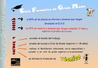 Acceso el  80% de las plazas se ofertan a alumnos que tengan  Graduado en E.S.O. un 20% se reserva a alumnos que tengan cumplido 17 años y superen la prueba de acceso y después acceder al mundo del trabajo realizar  el  Bachillerato  relacionado  con  la   especialidad  y  acceder  a  un  ciclo  de  grado  superior  o a la universidad prueba de acceso a Ciclo de Grado Superior ( + 18 años) se obtiene la titulación de  C iclo  F ormativo de  G rado  M edio Técnico 