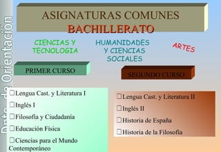 PRIMER CURSO Lengua Cast. y Literatura I Inglés I Filosofía y Ciudadanía Educación Física Ciencias para el Mundo Contemporáneo SEGUNDO CURSO Lengua Cast. y Literatura II Inglés II Historia de España Historia de la Filosofía ASIGNATURAS COMUNES BACHILLERATO HUMANIDADES  Y CIENCIAS SOCIALES ARTES CIENCIAS Y TECNOLOGIA 