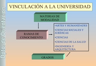 VINCULACIÓN A LA UNIVERSIDAD MATERIAS DE MODALIDAD RAMAS DE CONOCIMIENTO GRADOS ARTES Y HUMANIDADES CIENCIAS SOCIALES Y JURÍDICAS CIENCIAS CIENCIAS DE LA SALUD INGENIERÍA Y ARQUITECTURA 