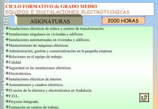 CICLO FORMATIVO de GRADO MEDIO EQUIPOS E INSTALACIONES ELECTROT É CNICAS ASIGNATURAS Instalaciones eléctricas de enlace y centros de transformación. Instalaciones singulares en viviendas y edificios. Instalaciones automatizadas en viviendas y edificios. Mantenimiento de máquinas eléctricas. Administración, gestión y comercialización en la pequeña empresa. Relaciones en el equipo de trabajo. Calidad. Seguridad en las instalaciones eléctricas. Electrotécnica. Instalaciones eléctricas de interior. Automatismos y cuadros eléctricos. El sector de la eléctrica y electrotécnica en Andalucía. F.O.L. Proyecto Integrado. Formación en centros de trabajo. 2000 HORAS 