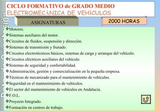 CICLO FORMATIVO de GRADO MEDIO ELECTROMEC Á NICA DE VEH Í CULOS ASIGNATURAS Motores. Sistemas auxiliares del motor. Circuitos de fluidos, suspensión y dirección. Sistemas de transmisión y frenado. Circuitos electrotécnicos básicos, sistemas de carga y arranque del vehículo. Circuitos eléctricos auxiliares del vehículo. Sistemas de seguridad y confortabilidad. Administración, gestión y comercialización en la pequeña empresa. Técnicas de mecanizado para el mantenimiento de vehículos. Seguridad en el mantenimiento de vehículos. El sector del mantenimiento de vehículos en Andalucía. F.O.L. Proyecto Integrado. Formación en centros de trabajo. 2000 HORAS 
