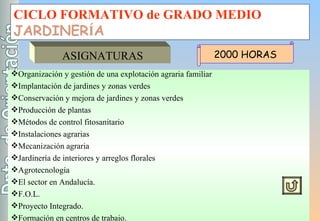 CICLO FORMATIVO de GRADO MEDIO JARDINER Í A Organización y gestión de una explotación agraria familiar Implantación de jardines y zonas verdes Conservación y mejora de jardines y zonas verdes Producción de plantas Métodos de control fitosanitario Instalaciones agrarias Mecanización agraria Jardinería de interiores y arreglos florales Agrotecnología   El sector en Andalucía. F.O.L. Proyecto Integrado. Formación en centros de trabajo. ASIGNATURAS 2000 HORAS 