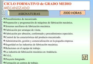 CICLO FORMATIVO de GRADO MEDIO MECANIZADO ASIGNATURAS Procedimientos de mecanizado. Preparación y programación de máquinas de fabricación mecánica. Sistemas auxiliares de fabricación mecánica. Fabricación por arranque de viruta. Fabricación por abrasión, conformado y procedimientos especiales. Control de las características del producto mecanizado. Administración, gestión y comercialización en la pequeña empresa. Seguridad en las industrias de fabricación mecánica. Relaciones en el equipo de trabajo. La industria de fabricación mecánica en Andalucía. F.O.L. Proyecto Integrado. Formación en centros de trabajo. 2000 HORAS 