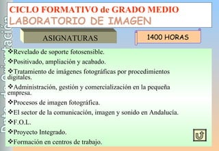 CICLO FORMATIVO de GRADO MEDIO LABORATORIO DE IMAGEN ASIGNATURAS Revelado de soporte fotosensible. Positivado, ampliación y acabado. Tratamiento de imágenes fotográficas por procedimientos  digitales. Administración, gestión y comercialización en la pequeña  empresa. Procesos de imagen fotográfica. El sector de la comunicación, imagen y sonido en Andalucía. F.O.L. Proyecto Integrado. Formación en centros de trabajo. 1400 HORAS 